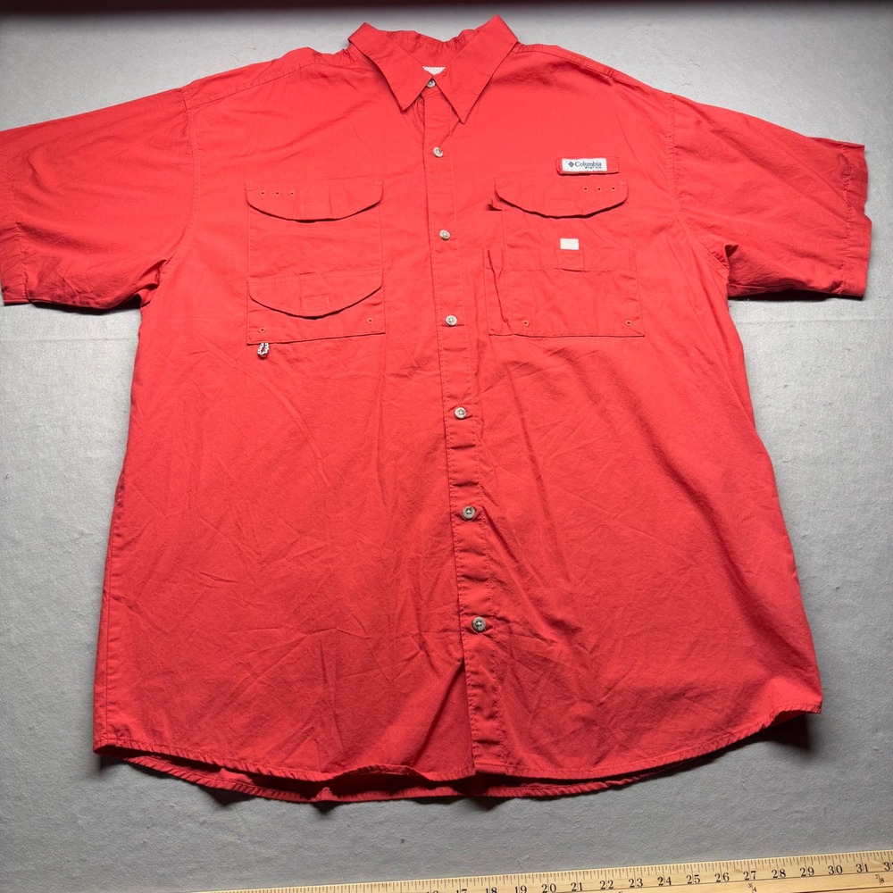 Columbia Shirt Mens XL Red PFG Bahama II Short Sleeve Fishing Button Down Mesh